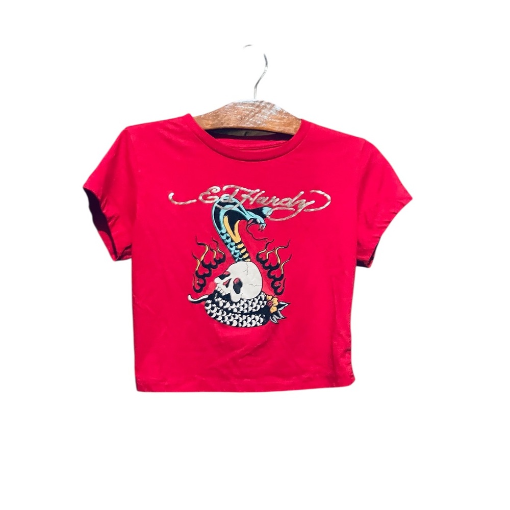 Ed Hardy Red Graphic Tee with Skull Design